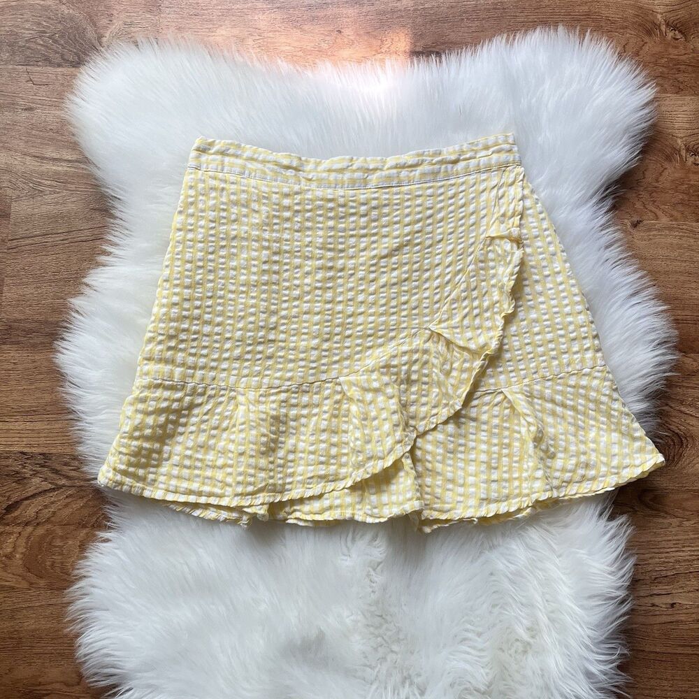 Sim & Sam Gingham Ruffle Mini Skirt Women Small Yellow White Cottagecore
